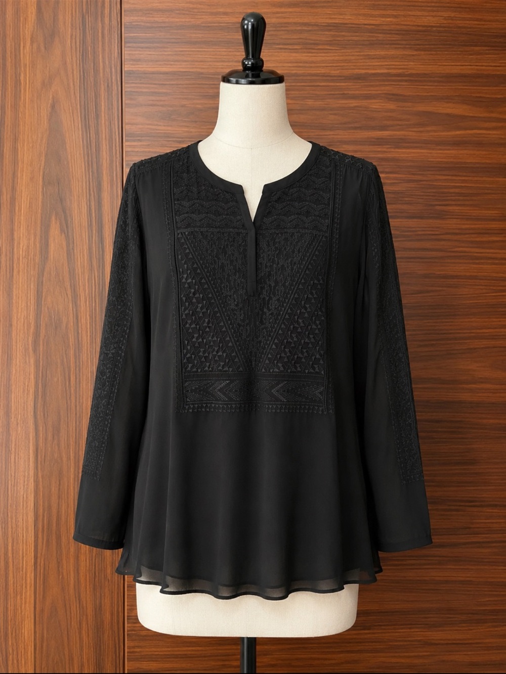 Black Embroidered Long-Sleeve Women's Top
